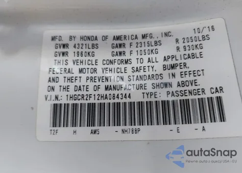 2017 Honda Accord Sport Se z USA, uszkodzony, nr VIN 1HGCR2F12HA084344